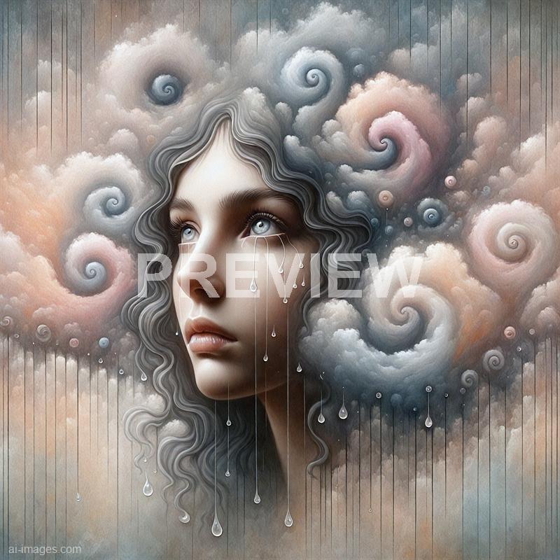 The image features a surreal portrait of a young woman with luminous, icy blue eyes and flowing, wavy gray hair blending seamlessly into a cloudy, swirling sky. Tears, resembling delicate droplets of water, stream down her face, merging with the clouds around her, which are painted in soft pastel hues of pink, peach, and gray. The background is filled with spiraling cloud formations and vertical lines, creating a dreamlike and introspective atmosphere.